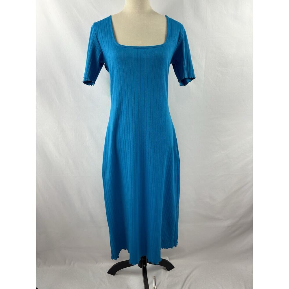 Wray Gwen Dress Aqua Blue Teal Large Short Sleeve Pima Cotton Ribbed Scoop Neck